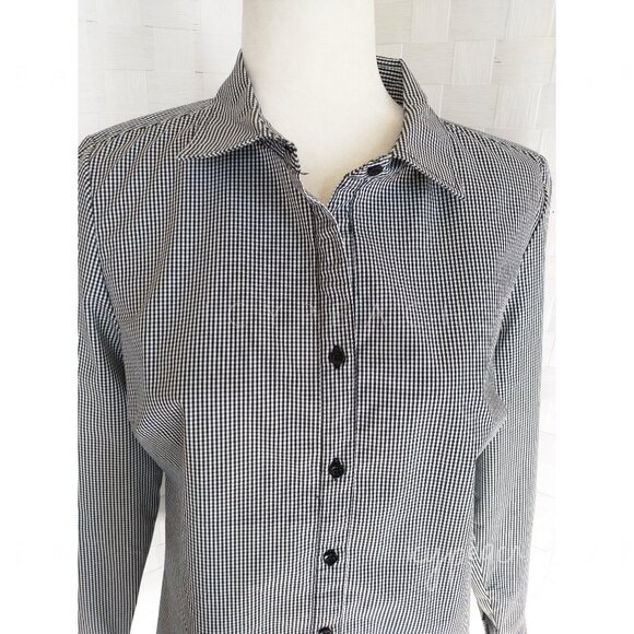 George Button Down Shirt Medium Black White Gingham Top Classic Preppy Lagenlook - Picture 9 of 14